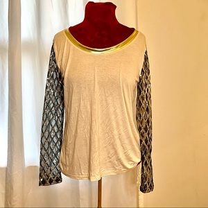 Fancy Metallic sleeve tee ivory v neck gold trim black sheer sleeve